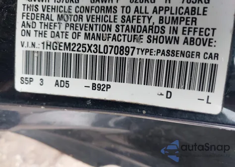 2003 Honda Civic Lx из США, поврежденный, VIN 1HGEM225X3L070897